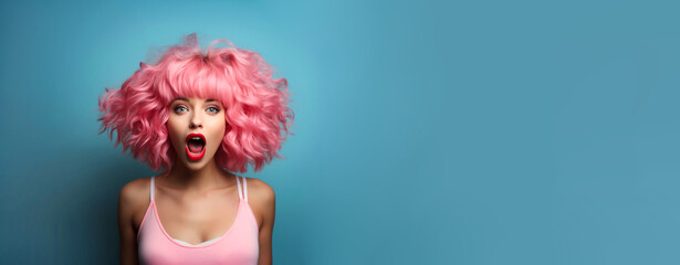 Wall Mural - Horizontal banner of dreamy beautiful barbie doll girl with pink hair and pink lips shouting shocked on blue background. Empty space place for text, copy paste. Barbie trend. Generative AI