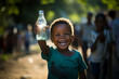 Leinwandbild Motiv Happy little thirsty child with bottle of pure fresh drinking water in his hand. Draught in Africa, lack of clean water, world's global warming problem concept. Generative AI Technology
