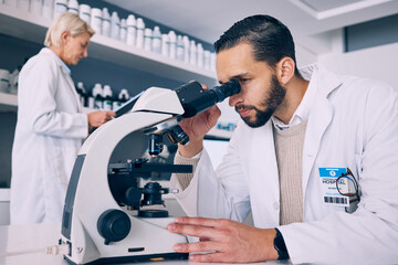 Poster - Scientist man, microscope analysis and lab for medical research, molecules or particles of bacteria at pharma job. Science team, people and vision for studying virus with pharmaceutical innovation