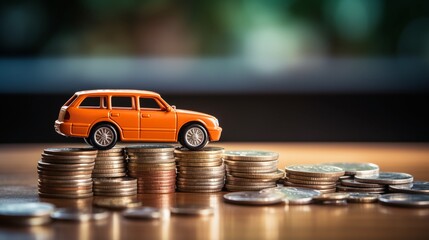 Red car model toy on piles of coins with blurred background, concept of car finance, insurance and travel related issue.