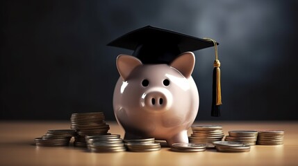 Wall Mural - Piggy Bank With Graduation Cap with coins piles on wooden background, concept of saving money for education and university