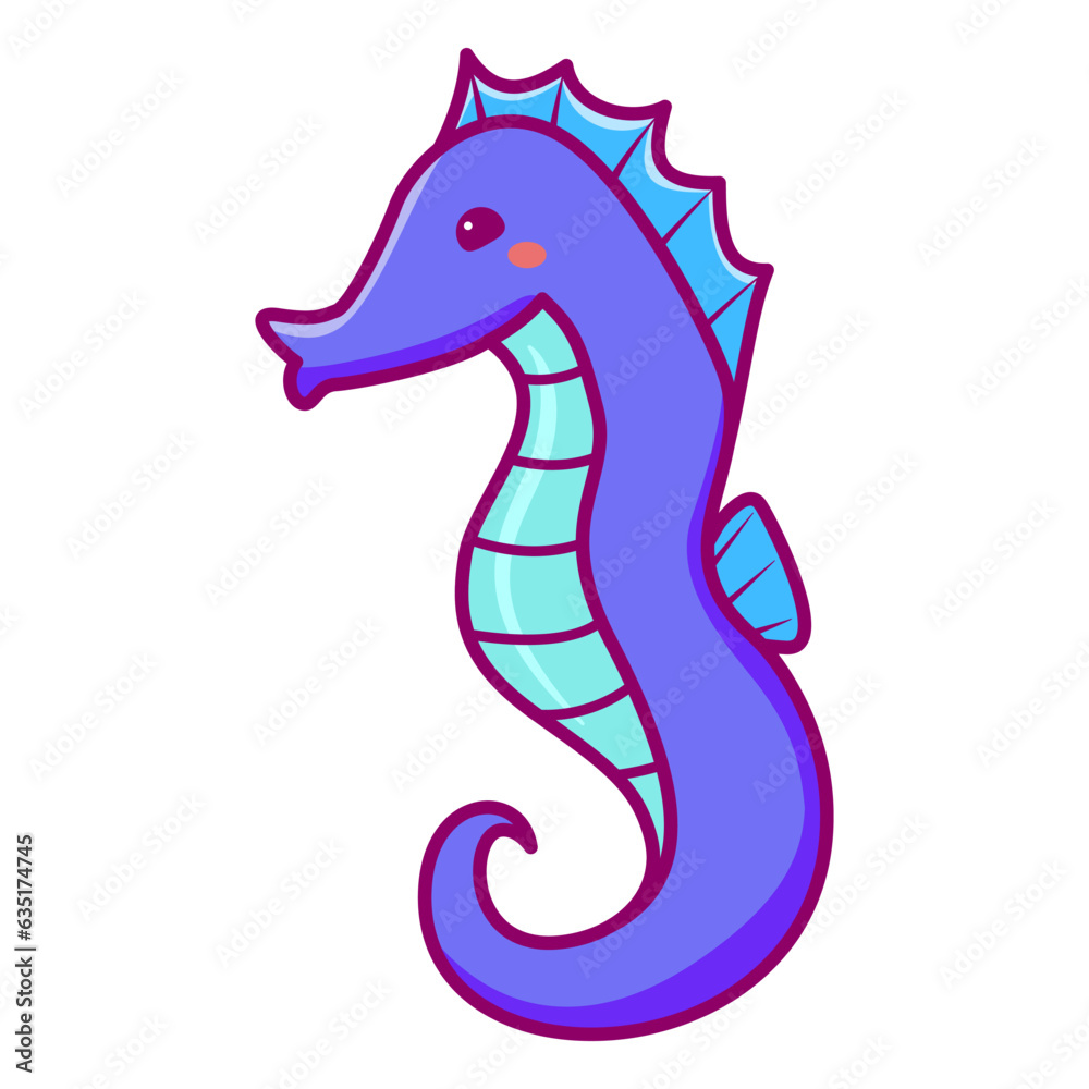 Cute cartoon seahorse. Character hand drawn illustration ocean animal ...