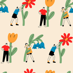 Wall Mural - Various people with a giant Flowers. Young person holding flower. Cute funny characters. Cartoon style. Hand drawn Vector illustration. Square seamless Pattern, background, wallpaper