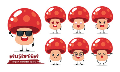 Wall Mural - cute mushroom cartoon with many expressions. fungi different activity pose vector illustration flat design set with sunglasses.