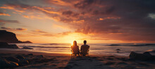 Romantic Couple Sitting On The Bank Of The River And Looking At The Sunset