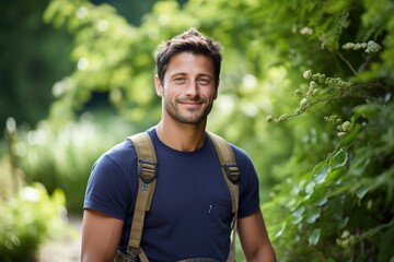 Handsome sporty male gardener smiling in the garden