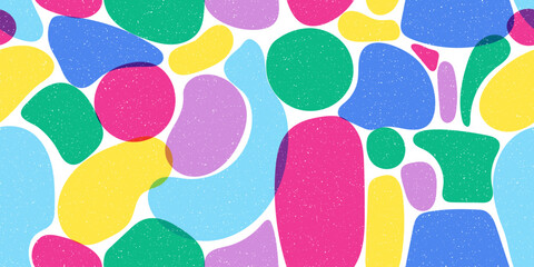 Seamless geometric pattern with risograph effect. Trendy riso graph style. Abstract background with grain texture. 80s style geometric collage. Simple vector pattern. Minimalist retro style texture