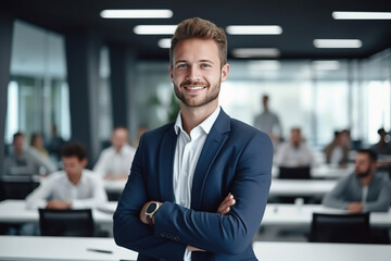 Portrait of successful boss, businessman in business suit looking at camera and smiling, man with crossed arms working inside modern office building