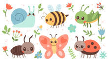 Cute Insects Set. Butterfly, Ant, Ladybug, Bee, Snail, Grasshopper. Vector Illustration Isolated On White Background