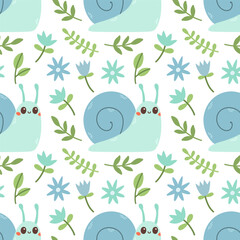Wall Mural - Seamless pattern of blue snail, flowers and green leaf on white background vector illustration.