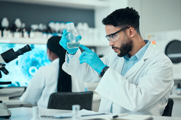 Poster - Science, safety and research, man with glass in lab and medical engineering with pharmaceutical solution. Biotechnology, vaccine study and liquid, scientist or laboratory technician checking bottle.