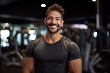 Wall Mural - Handsome athletic man smiling at the gym, fitness trainer, sport, gym, body builder