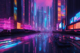 Fototapeta Perspektywa 3d - A night view of a reservoir in a futuristic city of the future with neon signs and colored lighting.