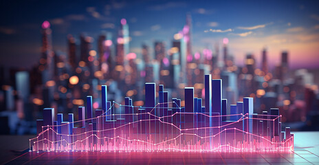 Canvas Print - finance, graph, investment, chart, background, economy, financial, growth, money, stock. urban in front of, financial trends solid and line graphs in city background visualizing success. investment.