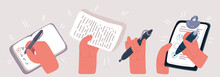 Vector Illustration Of Hands Hold Contract Pen, Signature, Clipboard And Checkbox, Planner And Aims Inside.