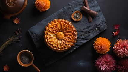 Wall Mural - Plate of delicious cookies and a pot of tea on a wooden surface