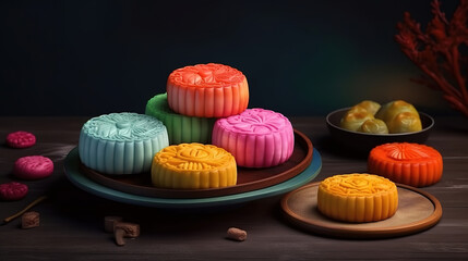 Wall Mural - Table party setting. Traditional mid autumn festival colorful mooncakes. Generative Ai