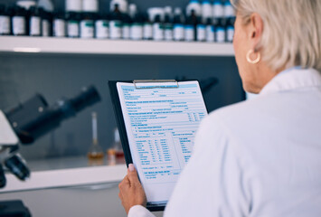 Canvas Print - Science, woman in laboratory and checklist with results, inventory list and pharmaceutical study data. Chemical research, drugs and scientist in lab with clipboard, medical notes and analysis info.