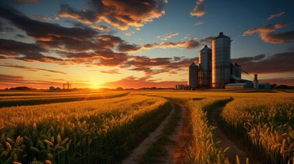 Wall Mural - Agricultural landscape with grain silos and road at sunset.