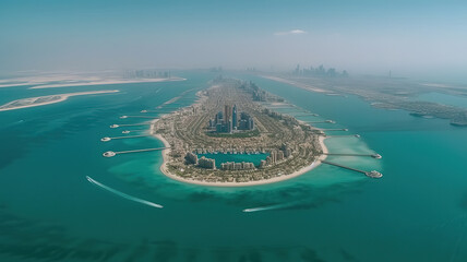 Wall Mural - Aerial view on Palm Jumeira island in Dubai, UAE, on a summer day. Generative Ai