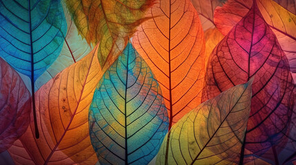 Wall Mural - Autumnal composition of transparent colorful leaves, Beautiful pattern. Generative Ai