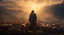 Jesus Shepherding The Sheep In Evening Sky