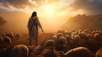Wall Mural - Jesus shepherding the sheep in evening sky