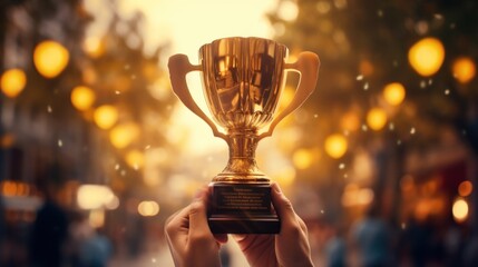 Trophy cup with gold confetti flying around people's hands holding it up