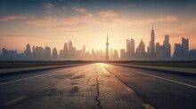 Empty Asphalt Road And Modern City Skyline With Building Scenery At Sunset Beautiful High Angle View
