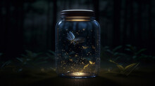 Fireflies In A Jar. Long Exposure Of Fireflies In A Backyard