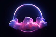 Stunning 3D Render Showcasing An Abstract Cloud, Mystically Illuminated By A Neon Light Ring Against A Dark Night Sky. A Luminous Round Frame Creating An Otherworldly Vision.