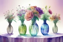 A Group Of Vases Filled With Different Colored Flowers
