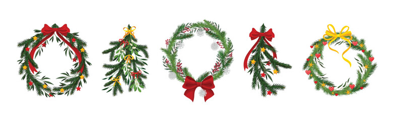 Wall Mural - Green Christmas Fir and Pine Wreath and Branch with Ribbon Bow Vector Set