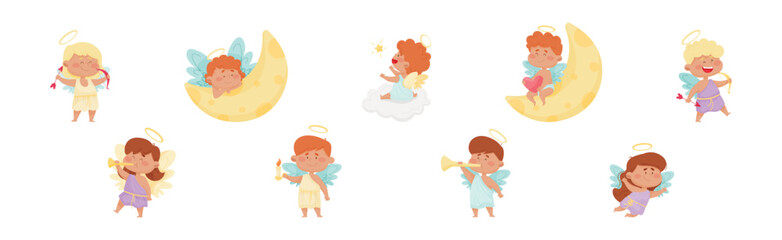 Canvas Print - Cute Baby Angels with Nimbus and Wings Vector Set