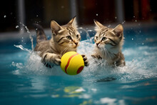 Kittens Play Water Polo. Cats With Balls Swim In The Pool.