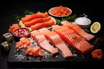 Wall Mural - Pieces of red salmon or sockeye salmon or coho salmon. Salted fish with spices and lemon on a cutting board.