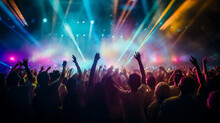Bright Colored Stage Rays Break Through The Smoke Above The Raised Hands Of A Crowd Of Spectators At A Rock Concert.
