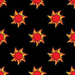 Red sun with yellow flames isolated on black background is in Seamless pattern - vector illustration