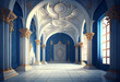 © serperm73 - Photorealistic interior of a castle or palace decorated with blue ornamental stone and gold. AI generative.