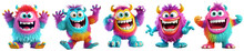 Collection Of Colorful Furry And Cute Monster Dancing And Waving 3D Render Character Cartoon Style Isolated On Transparent Background
