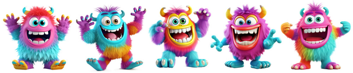Sticker - collection of Colorful furry and cute monster dancing and waving 3D render character cartoon style Isolated on transparent background