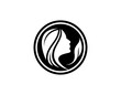 Linear simple logo female face smelling tulip at hand drawn circle frame for beauty spa salon vector illustration. Woman with flower at rounded border feminine cosmetic cosmetology skin care wellness