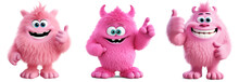 Collection Of Pink Colorful Furry And Cute Monster Dancing And Waving 3D Render Character Cartoon Style Isolated On Transparent Background