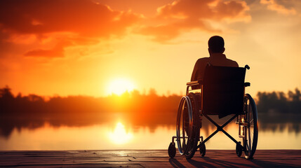 Silhouette of disabled man on wheelchair at the beach during sunset, Disable day