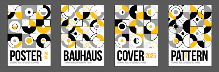 Wall Mural - Geometric vector posters and covers in Bauhaus style, layout for advertisement sheet, tech engineering style shapes mechanical, brochure or book cover.