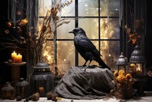 Black Crow Stands On A Tree Stump And Halloween Decorated Window, Generative Ai