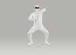 Funny man in bodysuit. Full length shot of happy young man disguised in white spandex fancy dress Halloween party body suit costume and black round sunglasses dancing on gray studio background