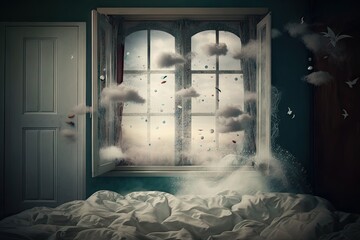 Wall Mural - Sleeping in bed with clouds in the window