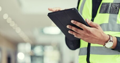 Poster - Engineering person, hands and tablet for construction planning, project management and blueprint software. Professional designer or architecture worker scroll on digital technology in office building