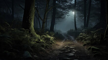 Moonlit Path Through A Dense Forest, Ethereal And Mystical, Cool Tones